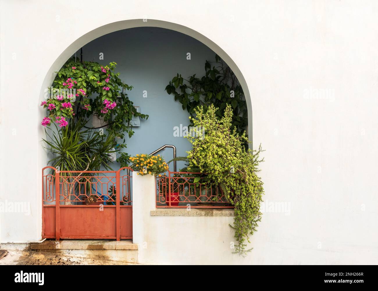 Agios Nikolaos, Creta, Grecia - 18 ottobre 2020. piccolo giardino all'ingresso della casa dietro il cancello Foto Stock