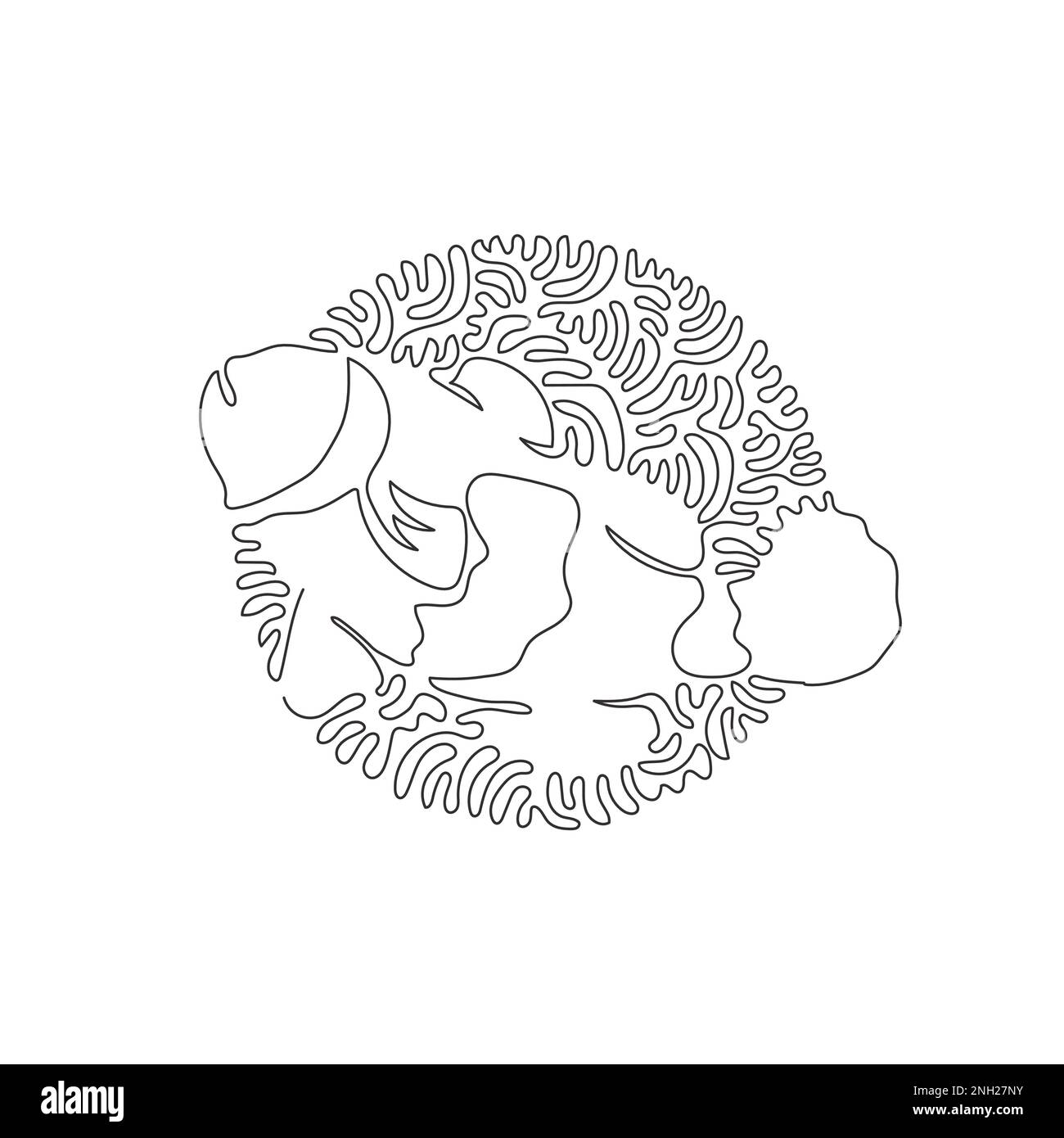 Curva continua una linea di disegno di bella clownfish astratto arte in cerchio. Illustrazione del vettore del tratto modificabile a riga singola di adorabile pesce pagliaccio Illustrazione Vettoriale