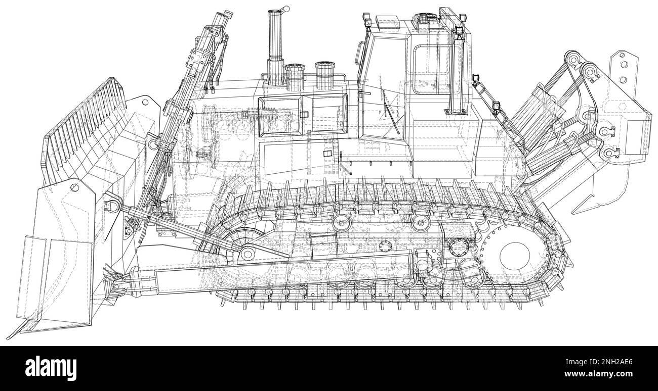 Potente apripista idraulico. Telaio a filo. Trasporto dell'illustrazione del vettore del veicolo. I livelli delle linee visibili e invisibili sono separati. Formato EPS10 Illustrazione Vettoriale