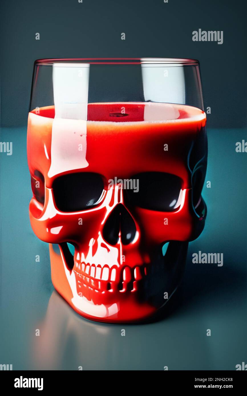 Succo di fragola in una tazza a forma di cranio con un'atmosfera orrore. Foto Stock