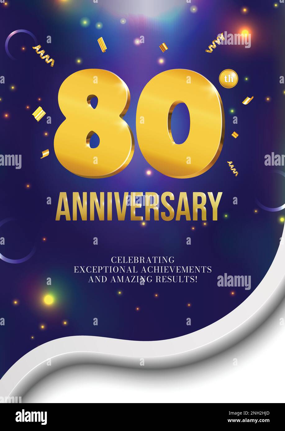 Poster di celebrazione anniversario con data dorata 3D e luci luminose 80 anni Illustrazione Vettoriale