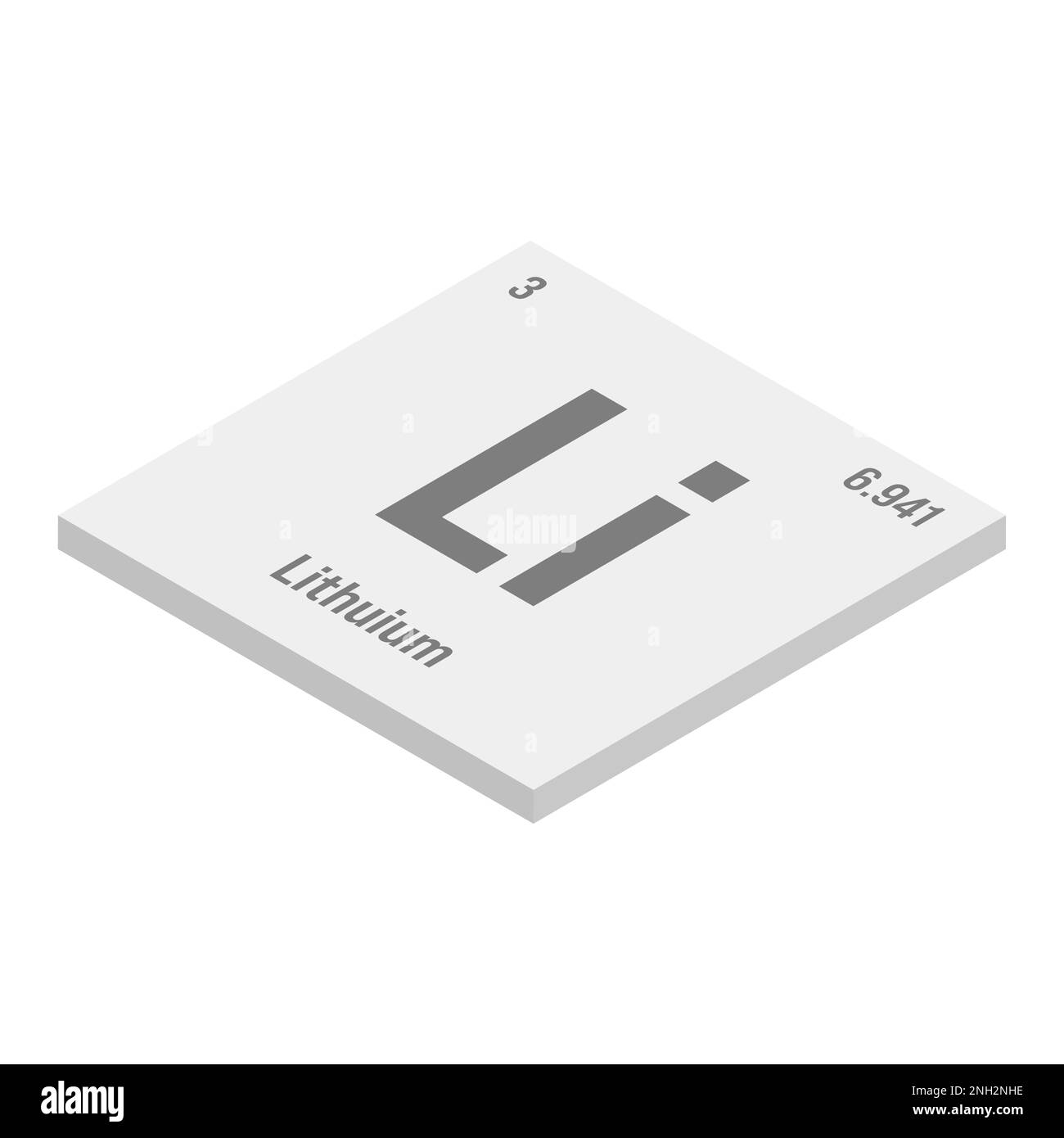 Litio, li, grigio 3D immagine isometrica dell'elemento periodico della tabella con nome, simbolo, numero atomico e peso. Metallo alcalino con vari usi industriali, come in batterie, ceramiche, e come farmaco per il disturbo bipolare. Illustrazione Vettoriale