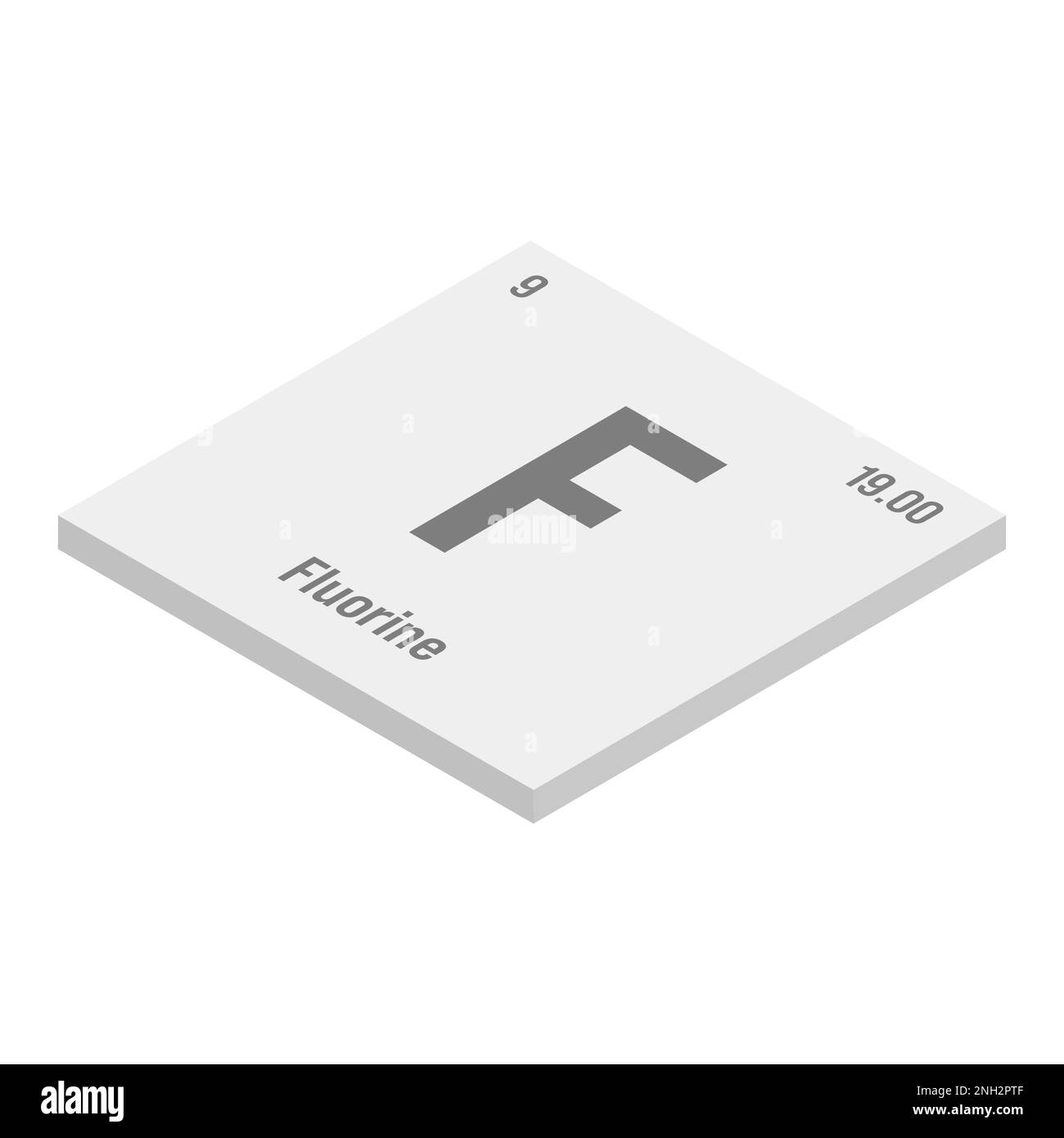 Fermium, FM, grigio 3D immagine isometrica dell'elemento periodico della tabella con nome, simbolo, numero atomico e peso. Elemento radioattivo sintetico con potenziali impieghi nella ricerca scientifica e nell'energia nucleare. Illustrazione Vettoriale