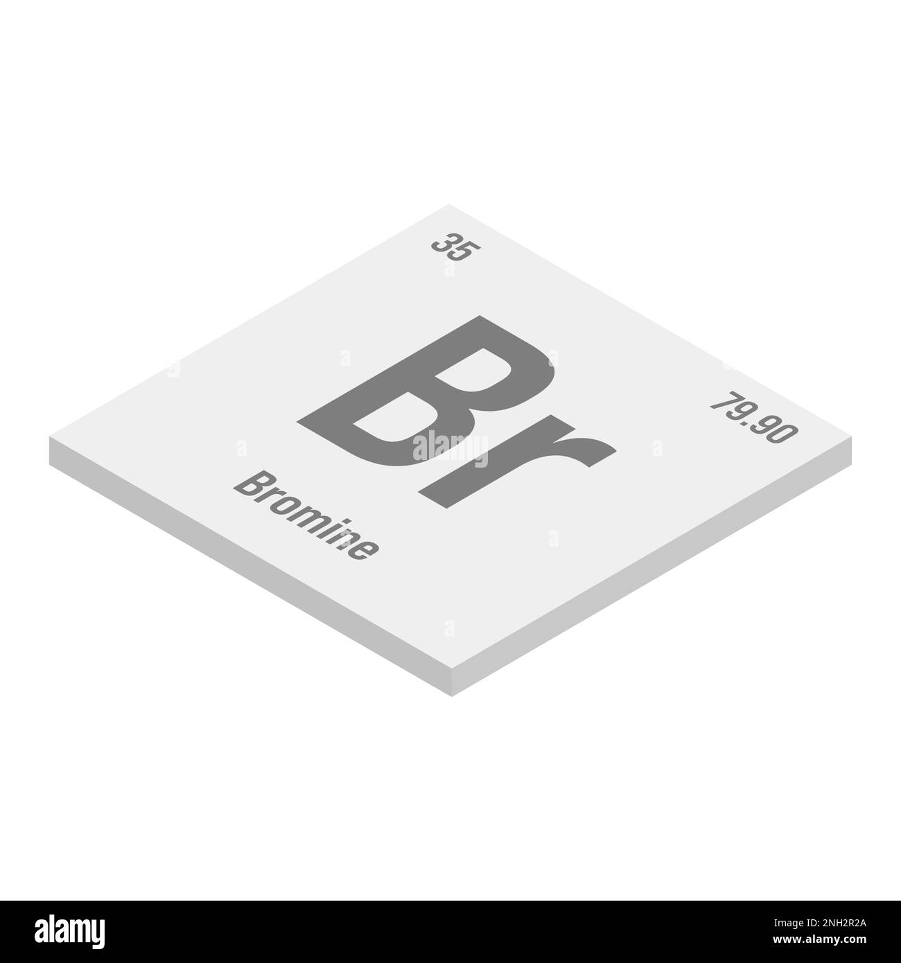 Bromo, Br, grigio 3D immagine isometrica dell'elemento periodico della tabella con nome, simbolo, numero atomico e peso. Alogeno con vari usi industriali, come ritardanti di fiamma, purificazione dell'acqua, e come fumigante in agricoltura. Illustrazione Vettoriale