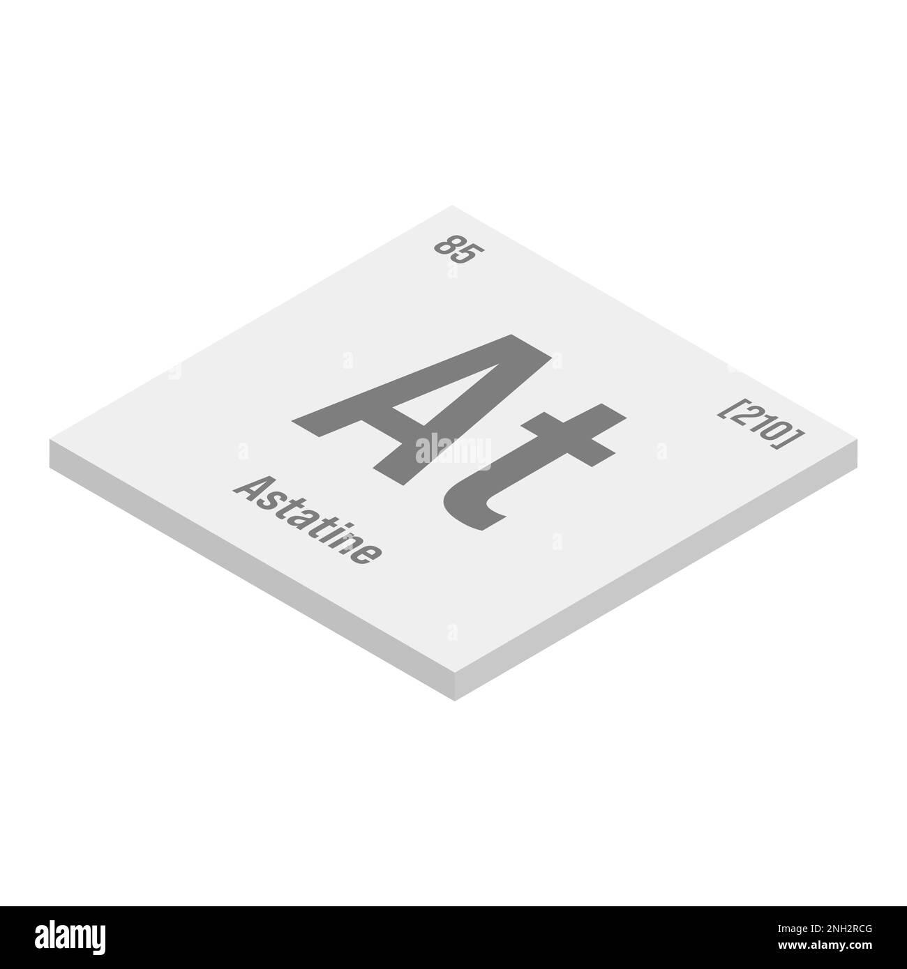 Astatina, AT, grigio 3D immagine isometrica dell'elemento periodico della tabella con nome, simbolo, numero atomico e peso. Alogeno radioattivo con potenziali impieghi nel trattamento del cancro e come fonte di particelle alfa per la ricerca scientifica. Illustrazione Vettoriale