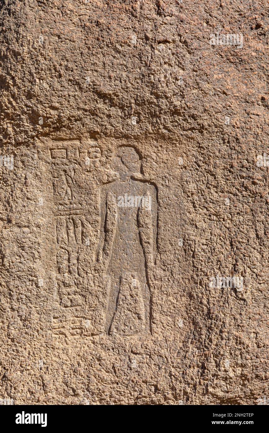 Antichi geroglifi egiziani. Isola Seheil di Assuan, più conosciuta per la carestia Stele Carving. Assuan. Egipt. Africa. Foto Stock