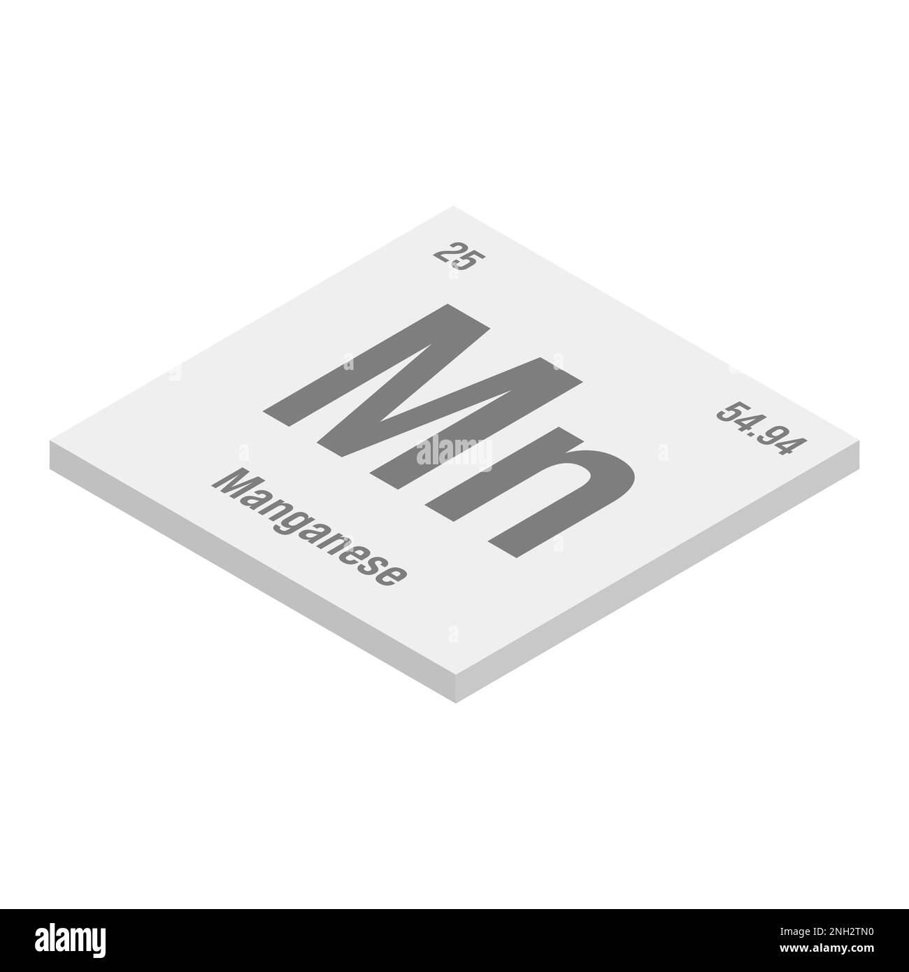 Manganese, Mn, grigio 3D immagine isometrica dell'elemento periodico della tabella con nome, simbolo, numero atomico e peso. Metallo di transizione con vari usi industriali, come nella produzione di acciaio, batterie, e come catalizzatore in determinate reazioni chimiche. Illustrazione Vettoriale