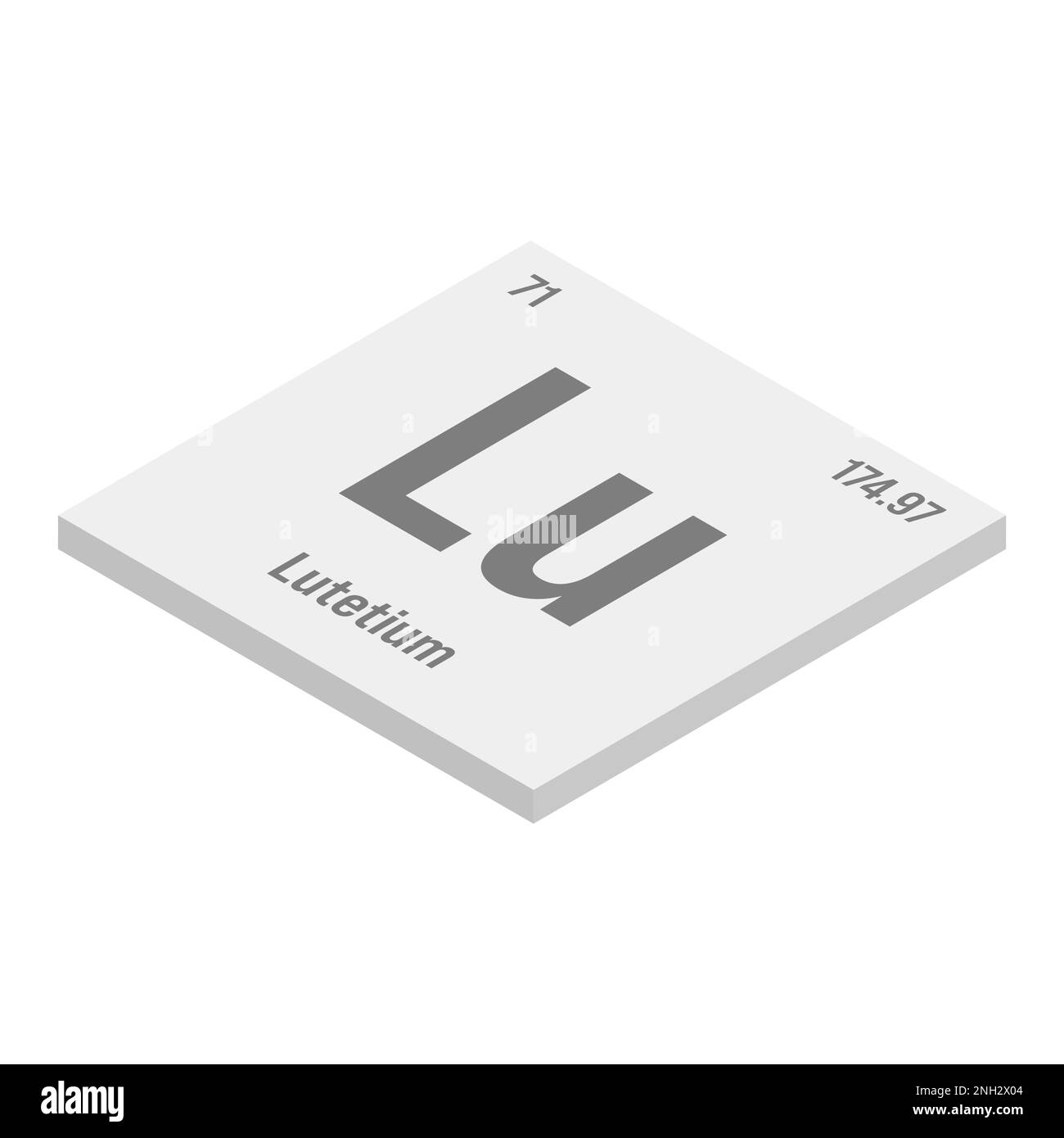Lutezio, Lu, grigio 3D immagine isometrica dell'elemento periodico della tabella con nome, simbolo, numero atomico e peso. Metalli delle terre rare con vari usi industriali, come nell'imaging medico, nell'energia nucleare e come catalizzatore in determinate reazioni chimiche. Illustrazione Vettoriale