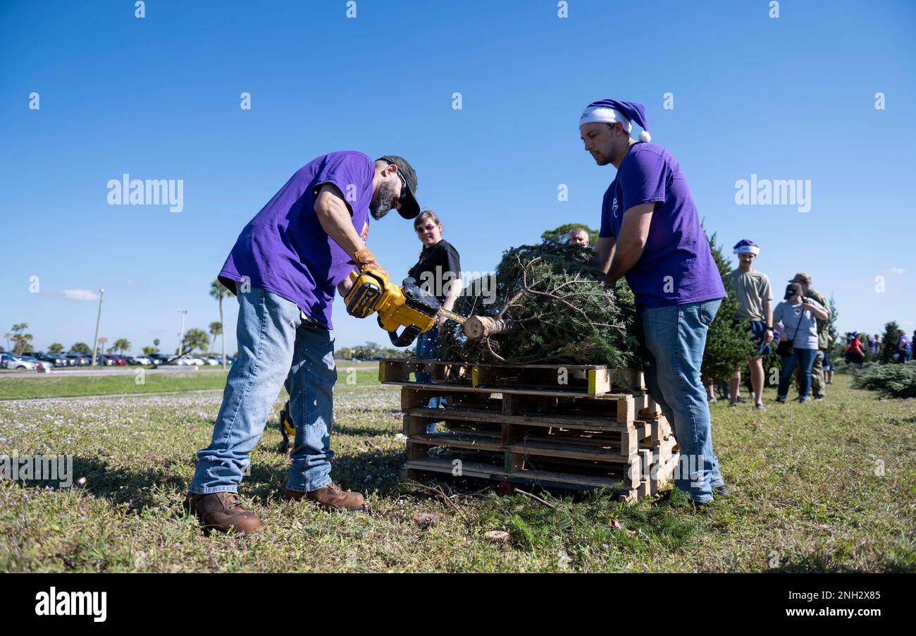 Volontari tagliano un albero durante l'evento Trees for Troules at MacDill Air Force base, Florida, 8 dicembre 2022. Alberi per le truppe hanno donato oltre 400 alberi per servire i membri e le loro famiglie, reso possibile da volontari e sponsor in tutto il paese. Foto Stock