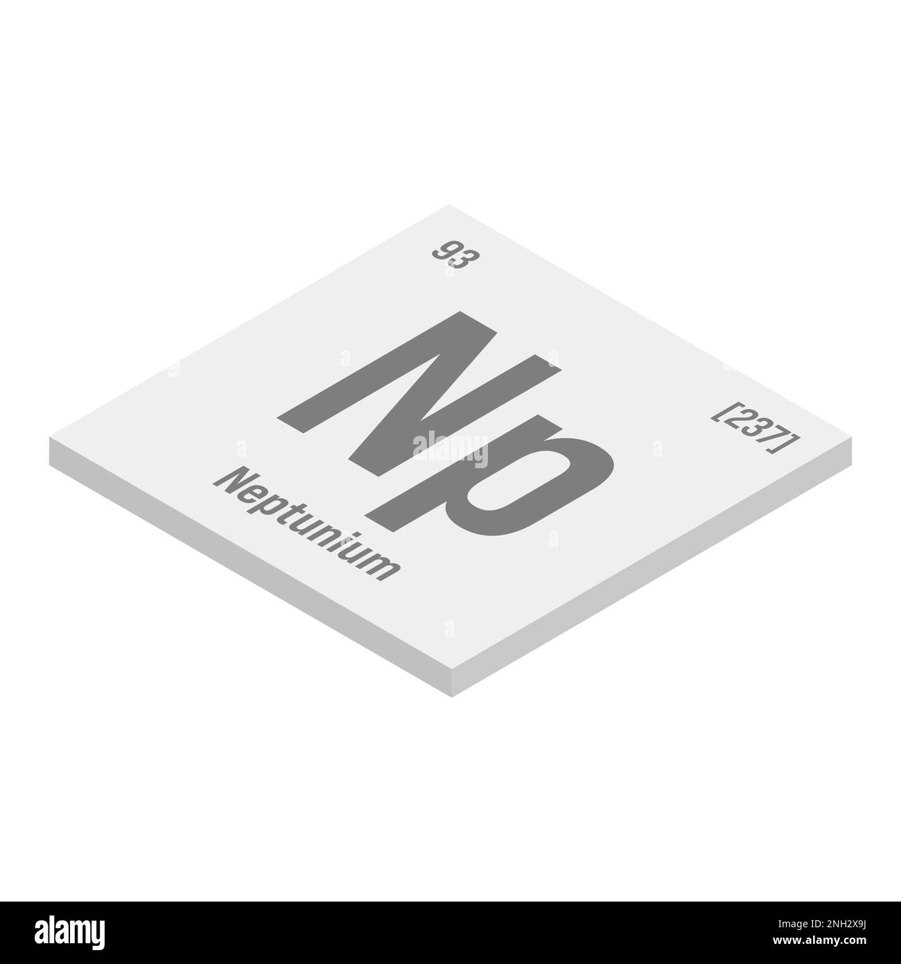 Neptunio, NP, grigio 3D immagine isometrica dell'elemento periodico della tabella con nome, simbolo, numero atomico e peso. Elemento radioattivo sintetico con potenziali impieghi nella ricerca scientifica e nell'energia nucleare. Illustrazione Vettoriale