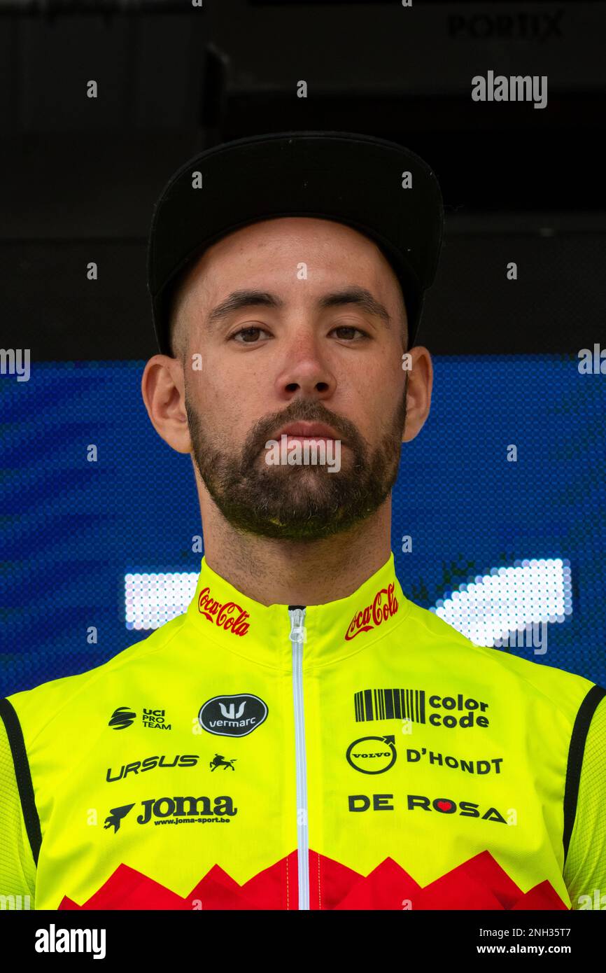 Marco Tizza di (team Bingoal-Pauwels salse-WB) visto durante il round di presentazione prima dell'inizio della seconda tappa del 2023 Tour des Alpes Maritimes et du Var. La seconda tappa del Tour des Alpes-maritimes et du Var 2023 inizia a Mandelieu la Napoule e raggiungerà Antibes dopo 179 km, 4 km di corse. La maglia gialla del leader dopo la prima tappa è indossata dal francese Kevin Vauquelin (team Arkea Samsic) che precede Neilson Powless (team EF Education - EasyPost) a 09 secondi e Kevin Geniets (team Groupama-fdj) al terzo posto a 11 secondi. (Foto di Laurent Coust/SOPA Images/Sipa US Foto Stock