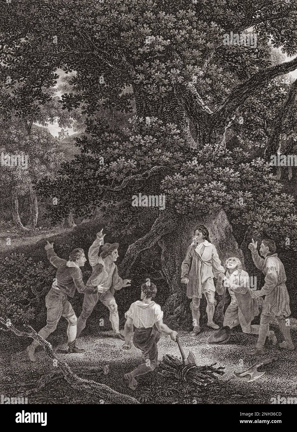 Nel 1651 i cittadini locali vicino a Boscobel House avvertono re Carlo II d'Inghilterra che le forze di Cromwell stanno arrivando. Charles si nascose in una quercia mentre le forze parlamentari lo cercarono prima di fuggire in esilio. Dopo una stampa originariamente apparsa nella Robert Bowyer's Historic Gallery, pubblicata tra il 1793 e il 1806. Foto Stock