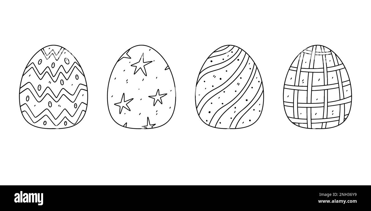 Set di uova di Pasqua in stile doodle disegnato a mano. Libro da colorare per bambini Illustrazione Vettoriale