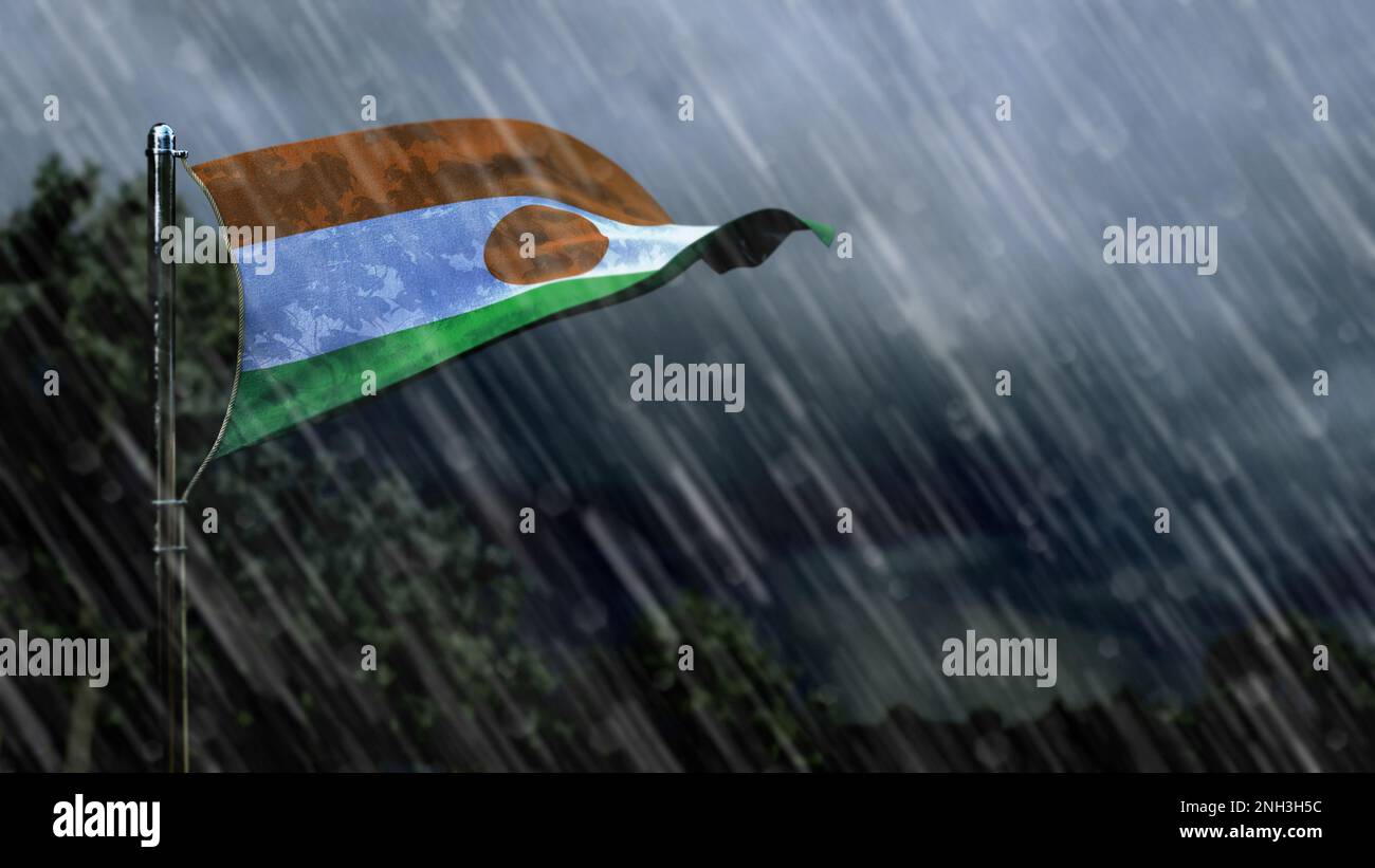 Bandiera del Niger con pioggia e nuvole scure, simbolo previsioni meteo - rendering natura 3D Foto Stock