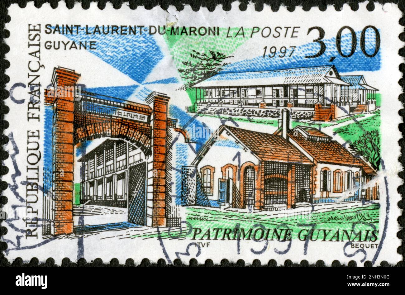 TIMBRE OBLITÉRÉ SAINT-LAURENT-DU-MARONI. GUYANE. LA POSTE 1997. RÉPUBLIQUE FRENCH. PATRIMOINE GUYANAIS. 3,00 Foto Stock