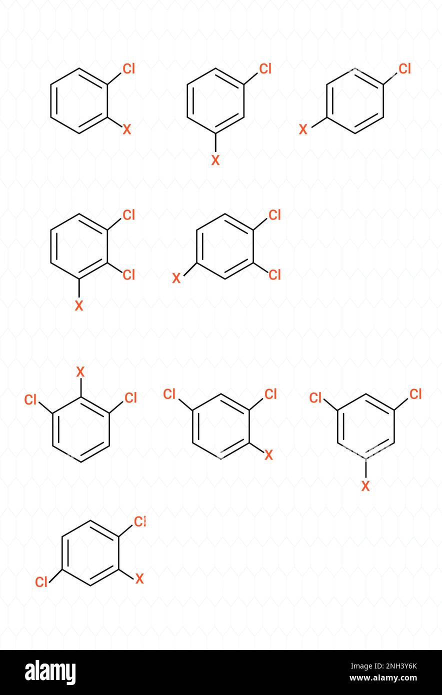 3 prodotti isomerici, benzeni orto, meta e para-sostituiti Illustrazione Vettoriale