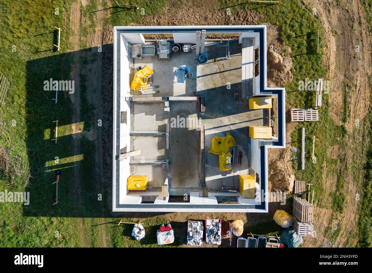 Vista dall'alto verso il basso di una casa di famiglia in costruzione Foto Stock