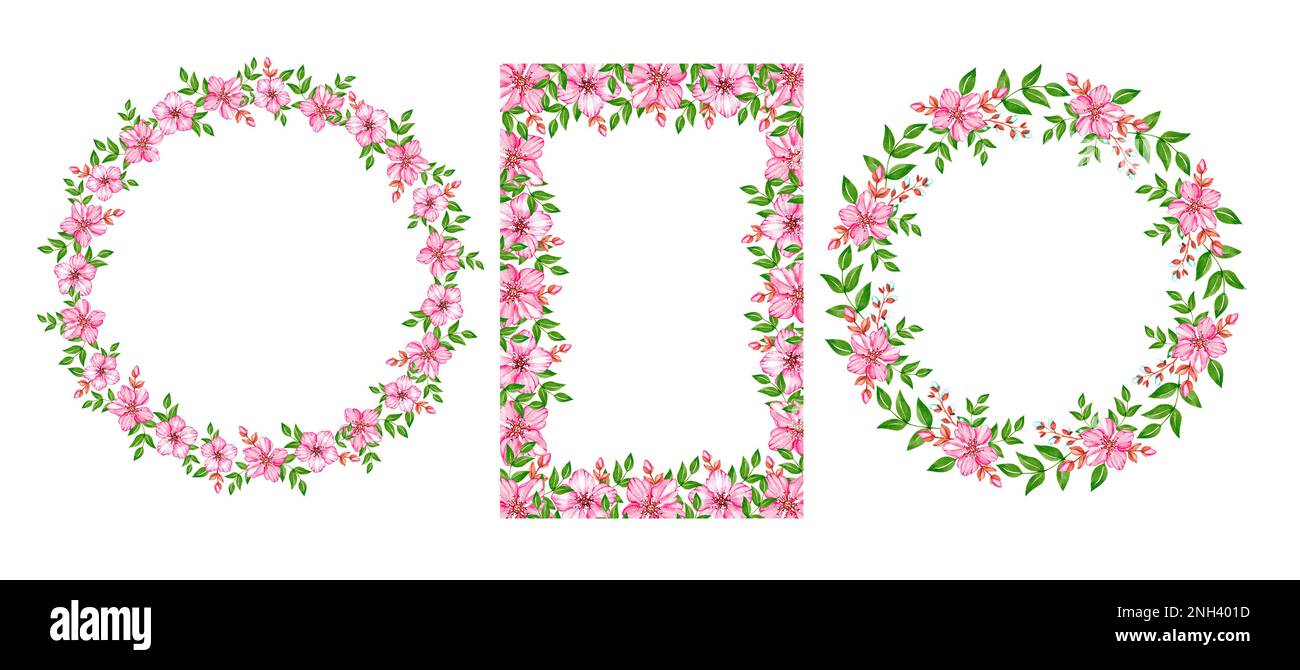Wreath watercolor ciliegia fiore su sfondo bianco per logo design, social media, promozione, marketing, confezione regalo, cartoline, modelli, adesivi Foto Stock