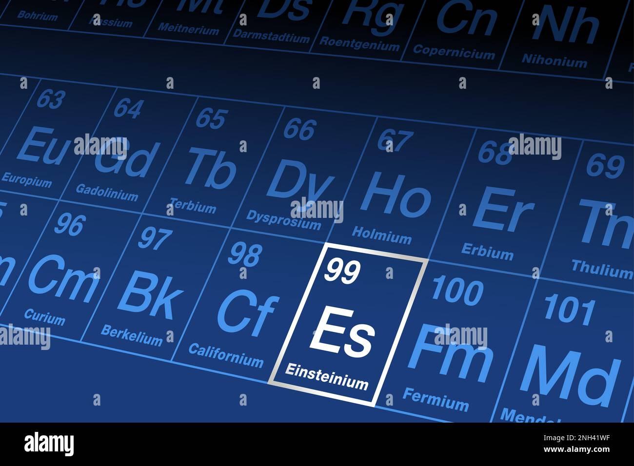 Einsteinium su tavola periodica. Elemento metallico transuranico radioattivo della serie degli actindi, con numero atomico 99 e simbolo es. Foto Stock