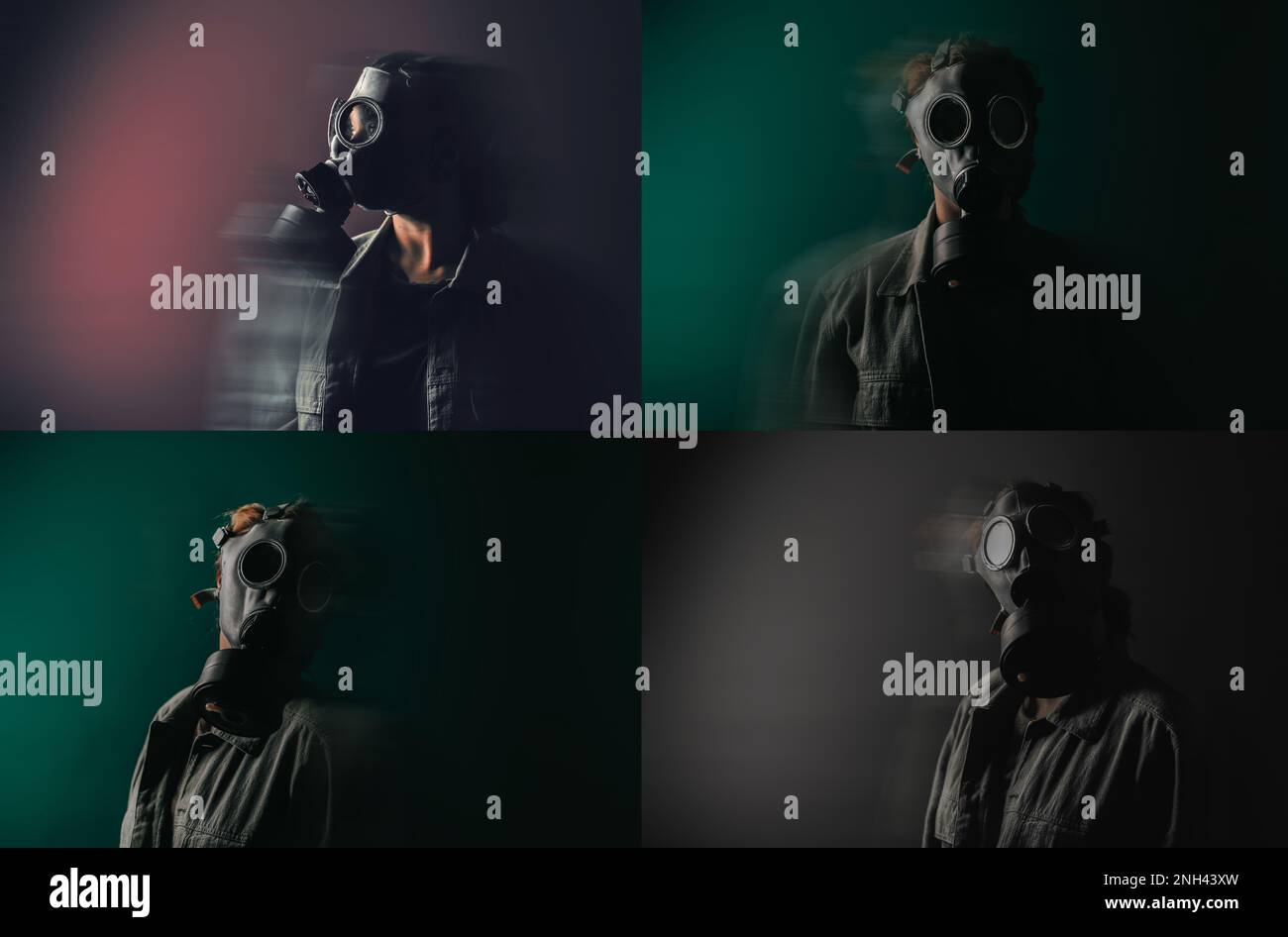 Foto di un militare in una maschera a gas, apocalisse, armi nucleari, esplosione atomica di una stazione, protezione da armi chimiche e nucleari. Ragazza in una maschera Foto Stock