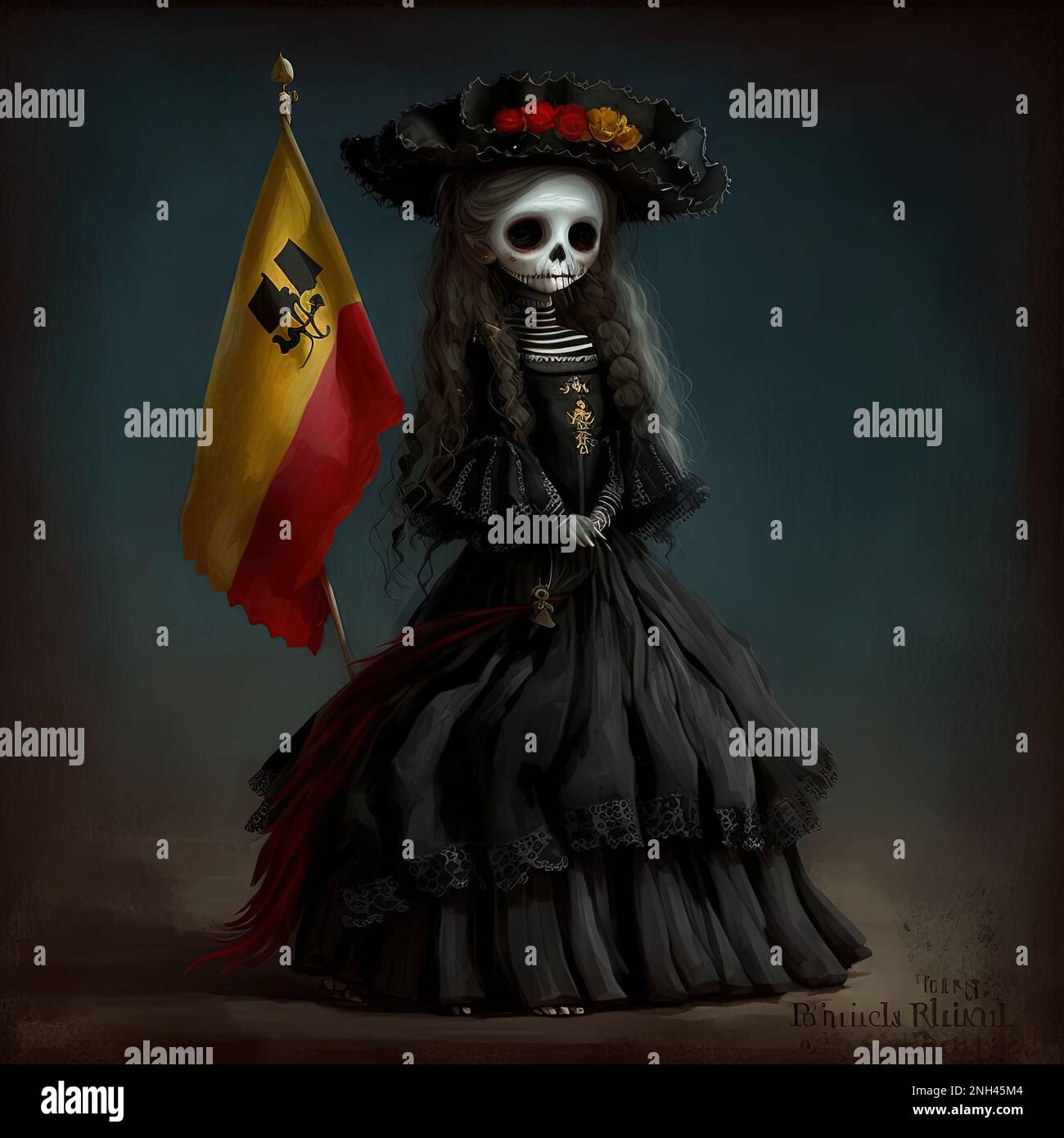 Bambola Skeleton vestita nera con bandiera spagnola Foto Stock