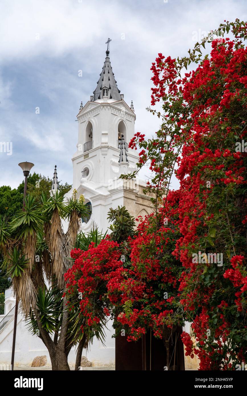 La Chiesa di Soledad Vista Hermosa con yucca e bougainvilleas rosso a San Agustin, Etla, Oaxaca, Messico. Foto Stock