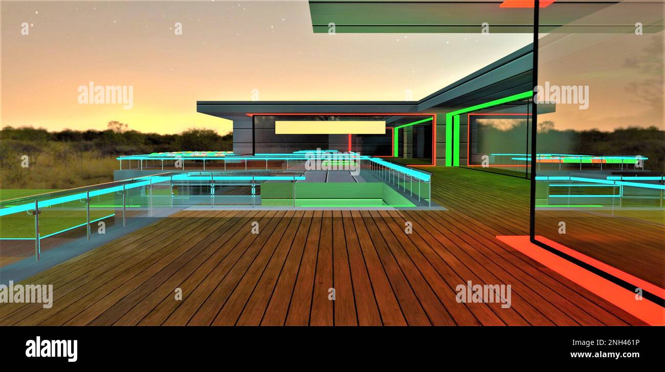 Design degli elementi luminosi della facciata per l'illuminazione del palazzo contemporaneo con terrazza in legno recintata. rendering 3d. Foto Stock
