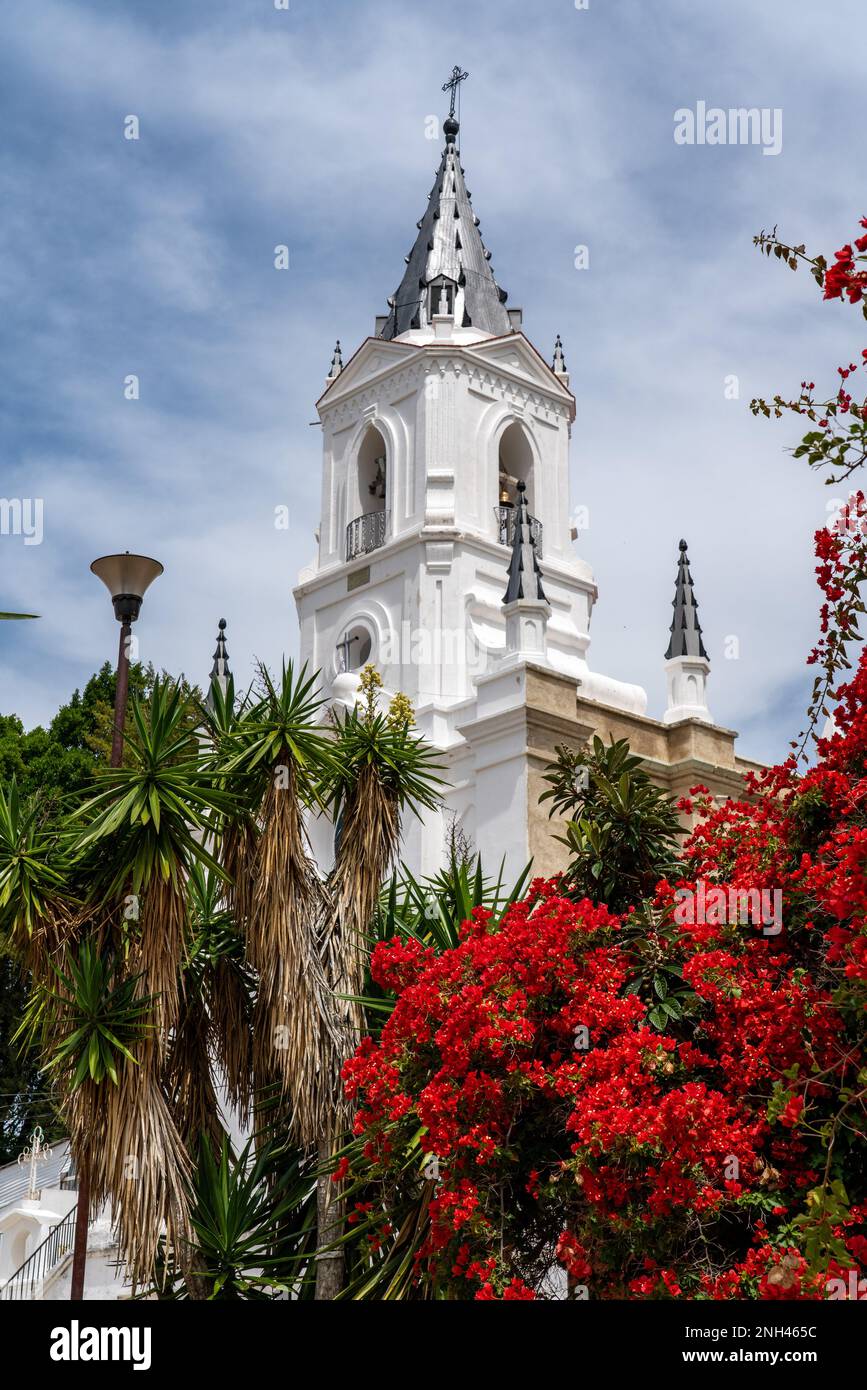 La Chiesa di Soledad Vista Hermosa con yucca e bougainvilleas rosso a San Agustin, Etla, Oaxaca, Messico. Foto Stock