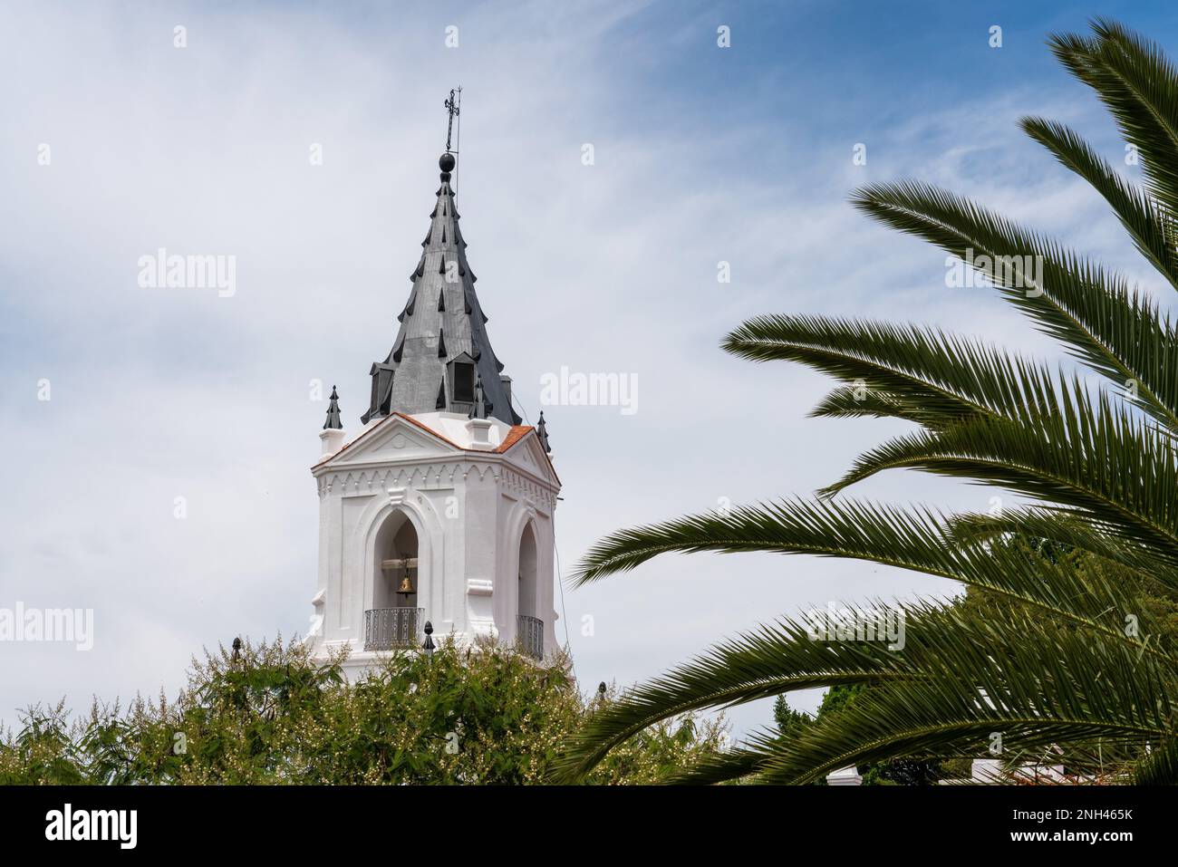 Il campanile della Chiesa Soledad Vista Hermosa con una palma e un albero guaje a San Agustin Etla, Oaxaca, Messico. Foto Stock