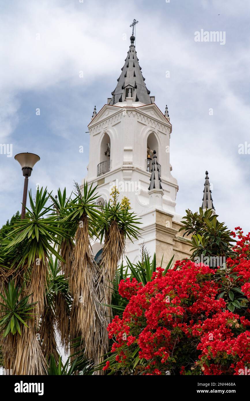 La Chiesa di Soledad Vista Hermosa con yucca e bougainvilleas rosso a San Agustin, Etla, Oaxaca, Messico. Foto Stock