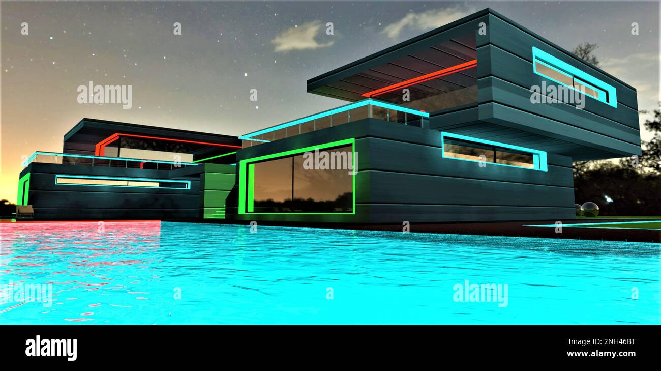 Illuminazione notturna della splendida villa con piscina turchese. Investimento redditizio per i rivenditori immobiliari suburbani. rendering 3d. Foto Stock