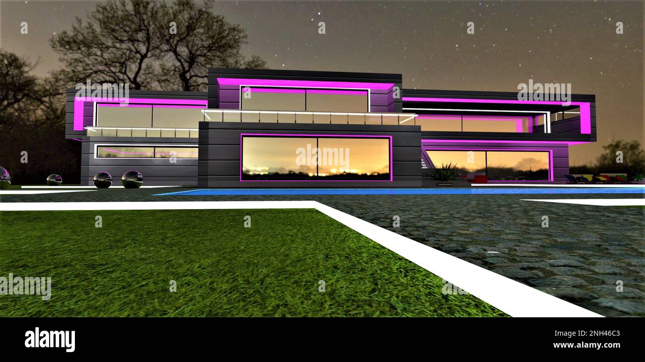 Elementi di design luminosi viola della residenza suburbana costruita in stile minimalista. Bordi illuminati delle passerelle lastricate in pietra di granito a ni Foto Stock