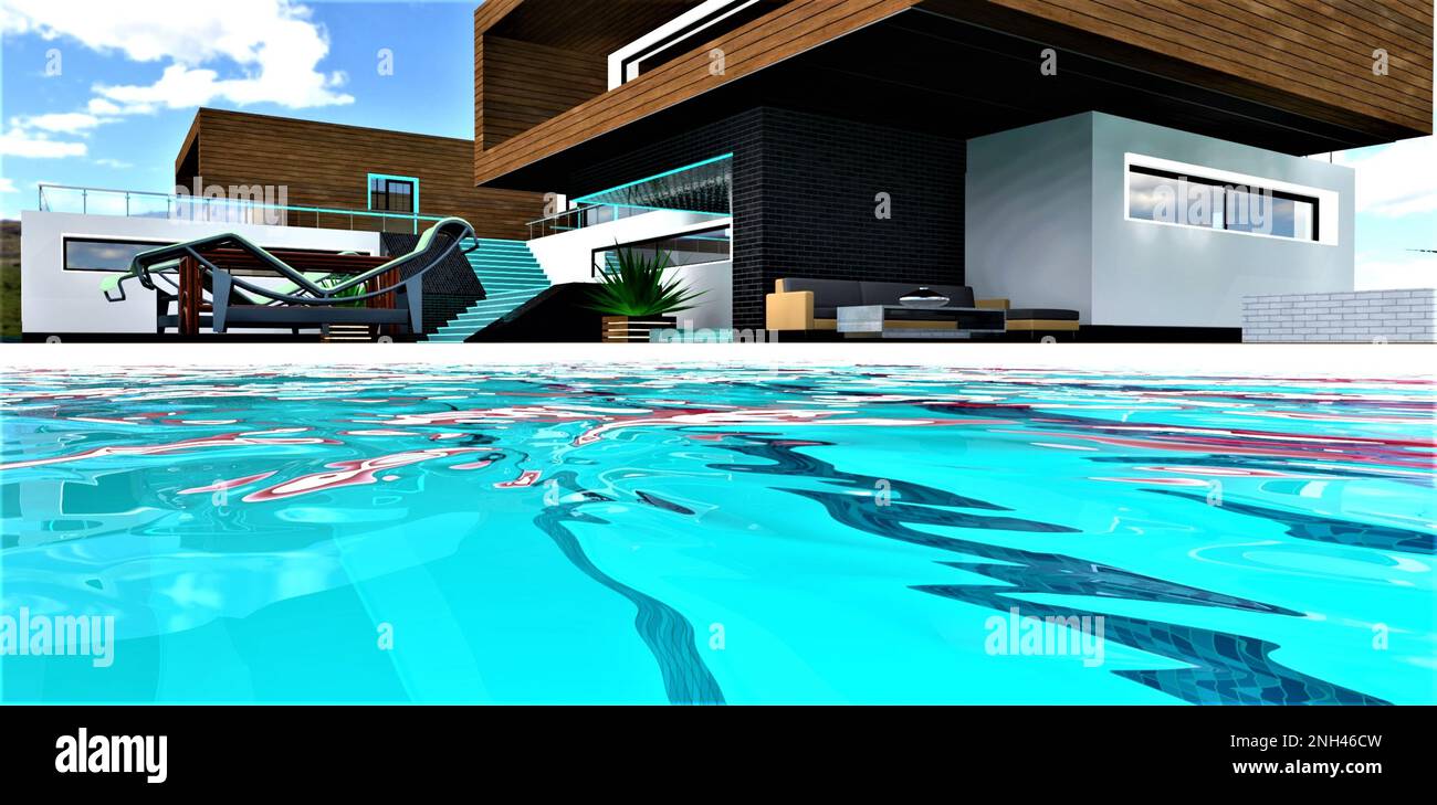 Incredibile superficie di acqua limpida nella piscina turchese sul territorio della casa contemporanea. Illustrazione adatta per i moderni siti web immobiliari. 3 Foto Stock