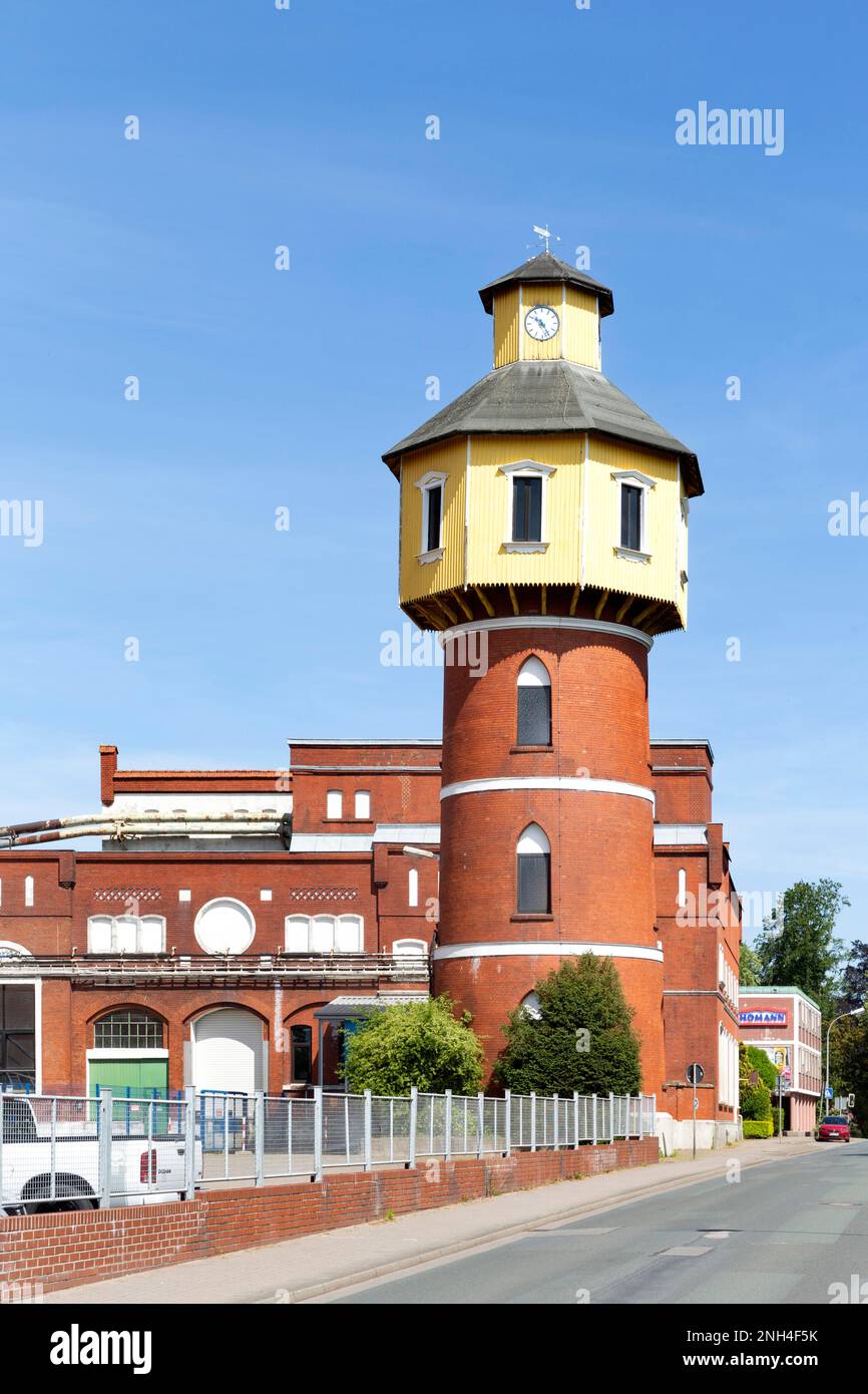 Impianti di fabbrica e torre dell'acqua della fabbrica alimentare Homann Feinkost, Dissen am Teutoburger Wald, bassa Sassonia, Germania Foto Stock