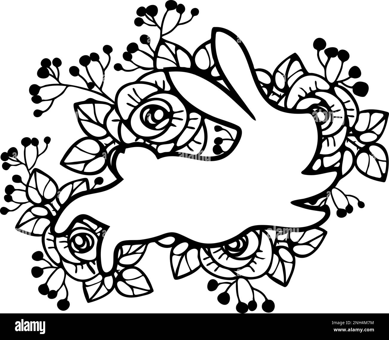 Coniglietto di Pasqua con rose Fiori, conigli floreali lepre floreale con taglio laser per fustellatura. Modello di coniglio per taglio laser. Illustrazione Vettoriale