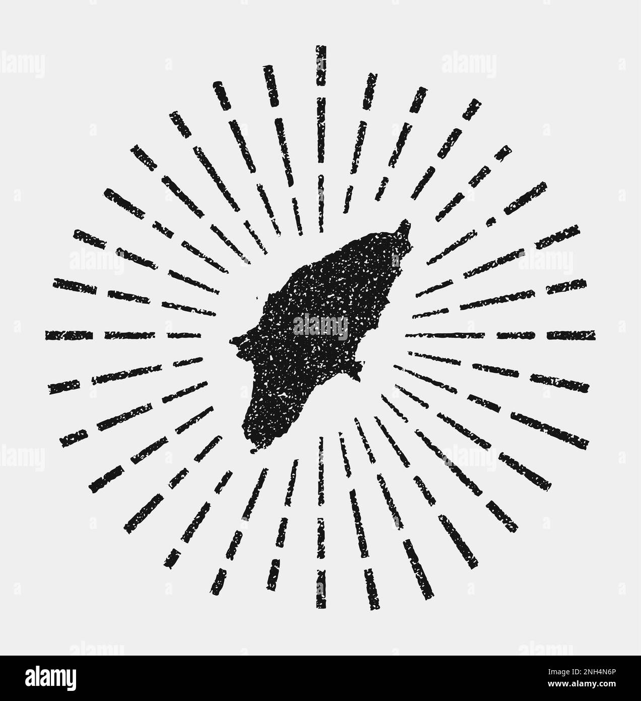 Mappa vintage di Rodi. Il sole grunge scoppiò intorno all'isola. A forma di Rodi nero con raggi solari su sfondo bianco. Illustrazione vettoriale. Illustrazione Vettoriale