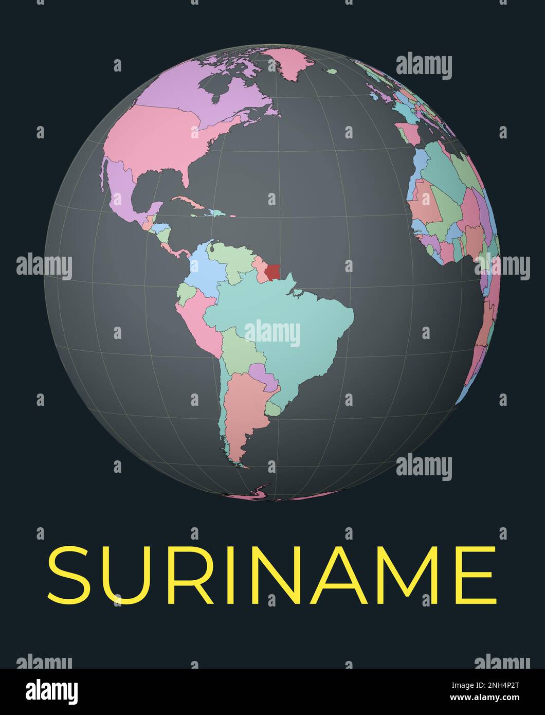 Mappa del mondo incentrata sul Suriname. Paese evidenziato in rosso. Visione satellitare del mondo incentrata sul paese con il nome. Illustrazione vettoriale. Illustrazione Vettoriale