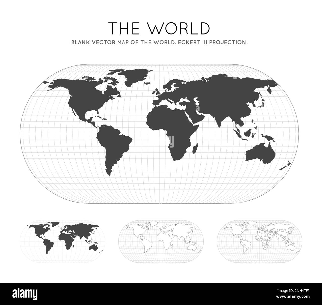 Mappa del mondo. Proiezione di Eckert III. Globo con linee di latitudine e longitudine. Mappa del mondo su meridiani e paralleli sullo sfondo. Illustrazione Vettoriale