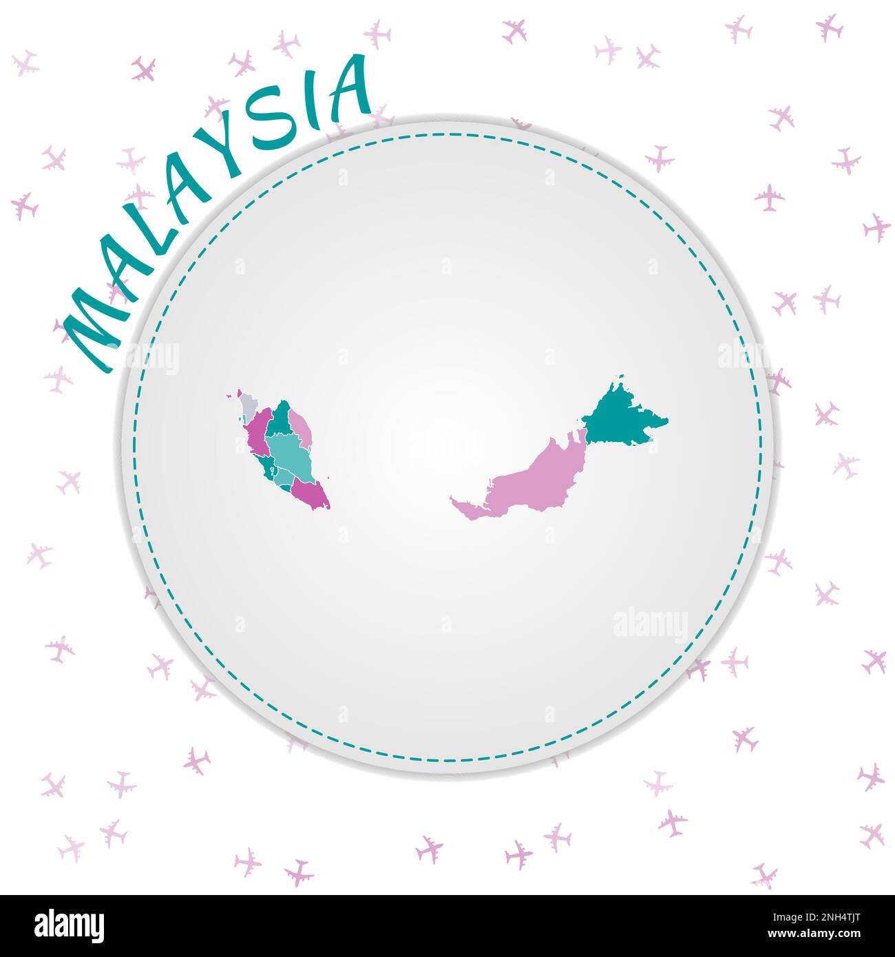 Design della mappa della Malesia. Mappa del paese con regioni nella tavolozza dei colori smeraldo-ametista. Illustrazione Vettoriale