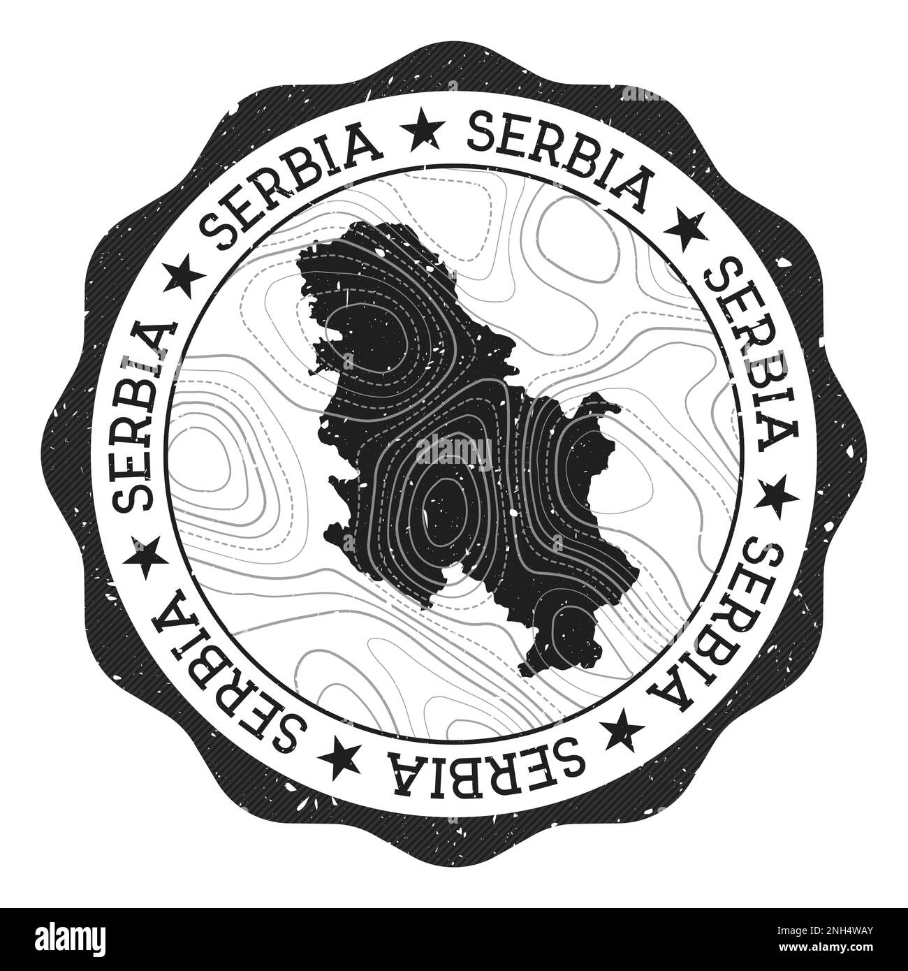 Francobollo all'aperto della Serbia. Adesivo rotondo con mappa del paese con isoline topografiche. Illustrazione vettoriale. Illustrazione Vettoriale