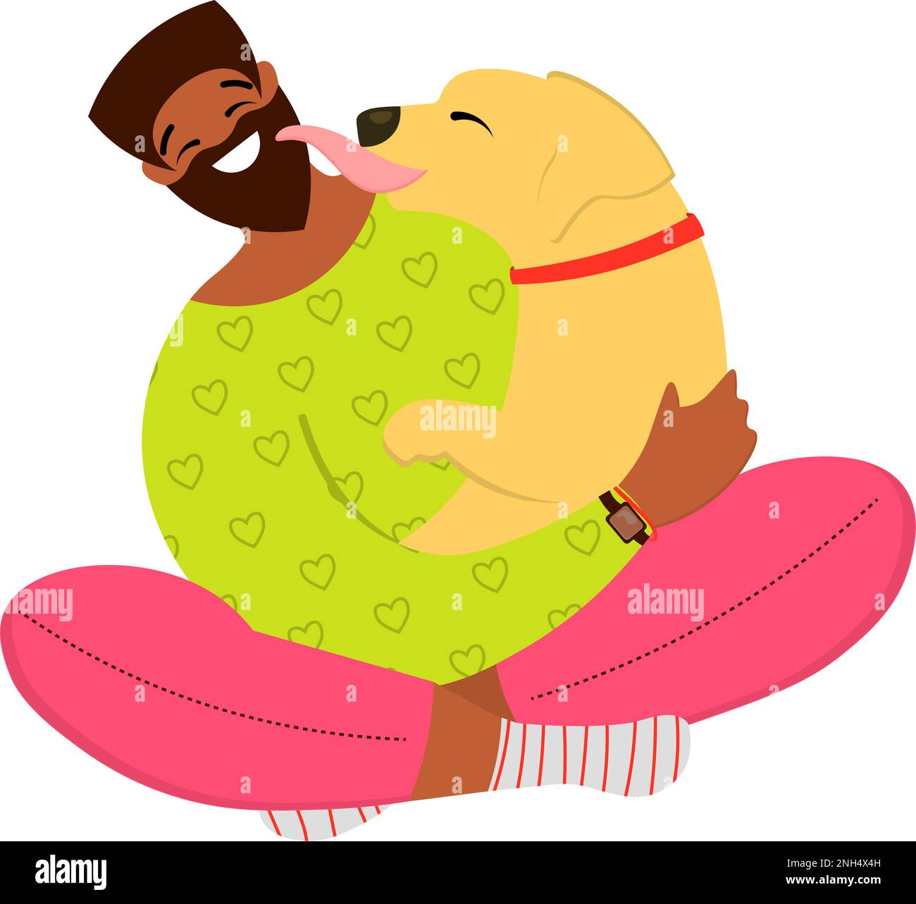 L'uomo nero felice gioca e coccola con un cane. Vacanze attive con animali domestici. Illustrazione vettoriale della moda in stile piatto. Illustrazione Vettoriale