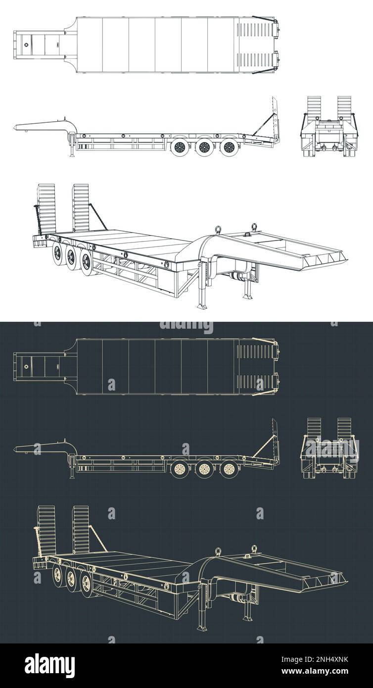 Illustrazione vettoriale stilizzata di progetti di rimorchi a letto basso Illustrazione Vettoriale