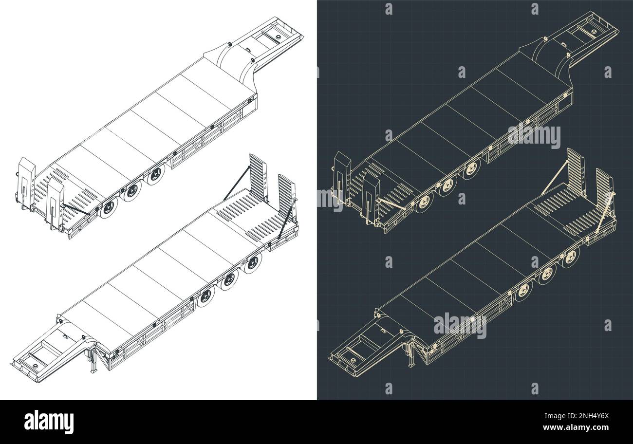 Illustrazione vettoriale stilizzata di modelli isometrici di rimorchi a letto basso Illustrazione Vettoriale