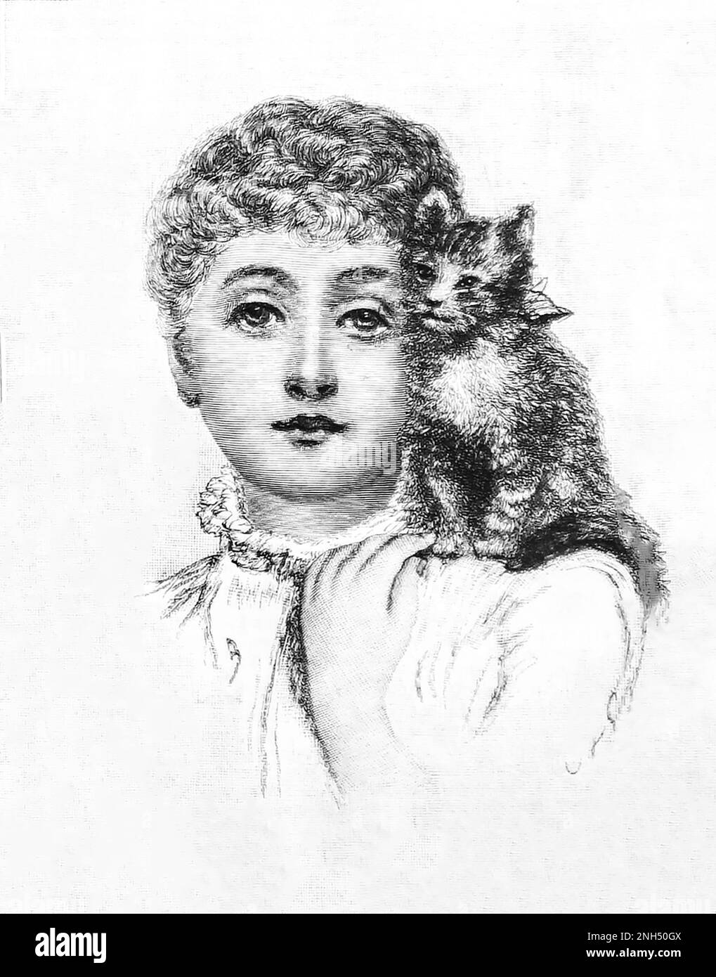 Uno schizzo del 19th ° secolo di una giovane donna con un gatto arroccato sulla sua spalla da The Girls Own Paper del 1888. Foto Stock
