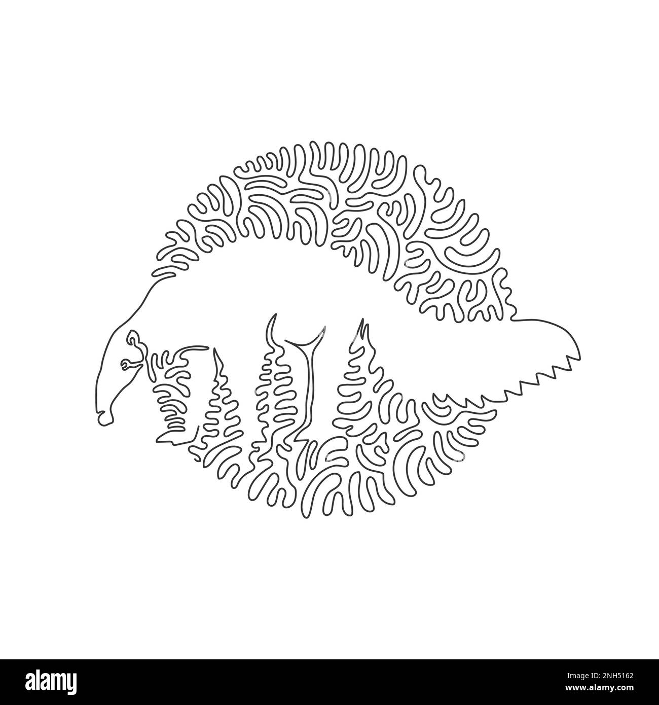 Disegno continuo di una linea curva di un'arte astratta di anteater creepy in cerchio. Illustrazione del vettore di tratto modificabile a linea singola di mammiferi che mangiano insetti Illustrazione Vettoriale