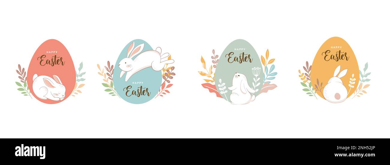 Buona Pasqua. Coniglietti, uova e fiori. Design di stile moderno, colori pastello Illustrazione Vettoriale