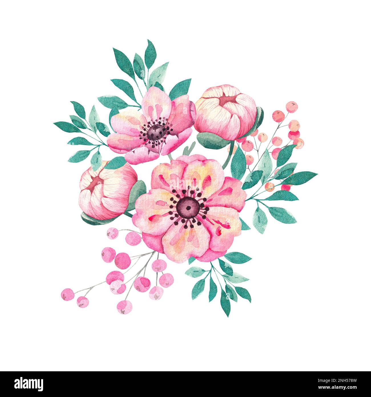 Composizione acquerello di fiori di anemone. Bouquet per imballaggi decorativi, abbigliamento per bambini, regali per le feste, tessuti stampati, inviti, digitale Foto Stock