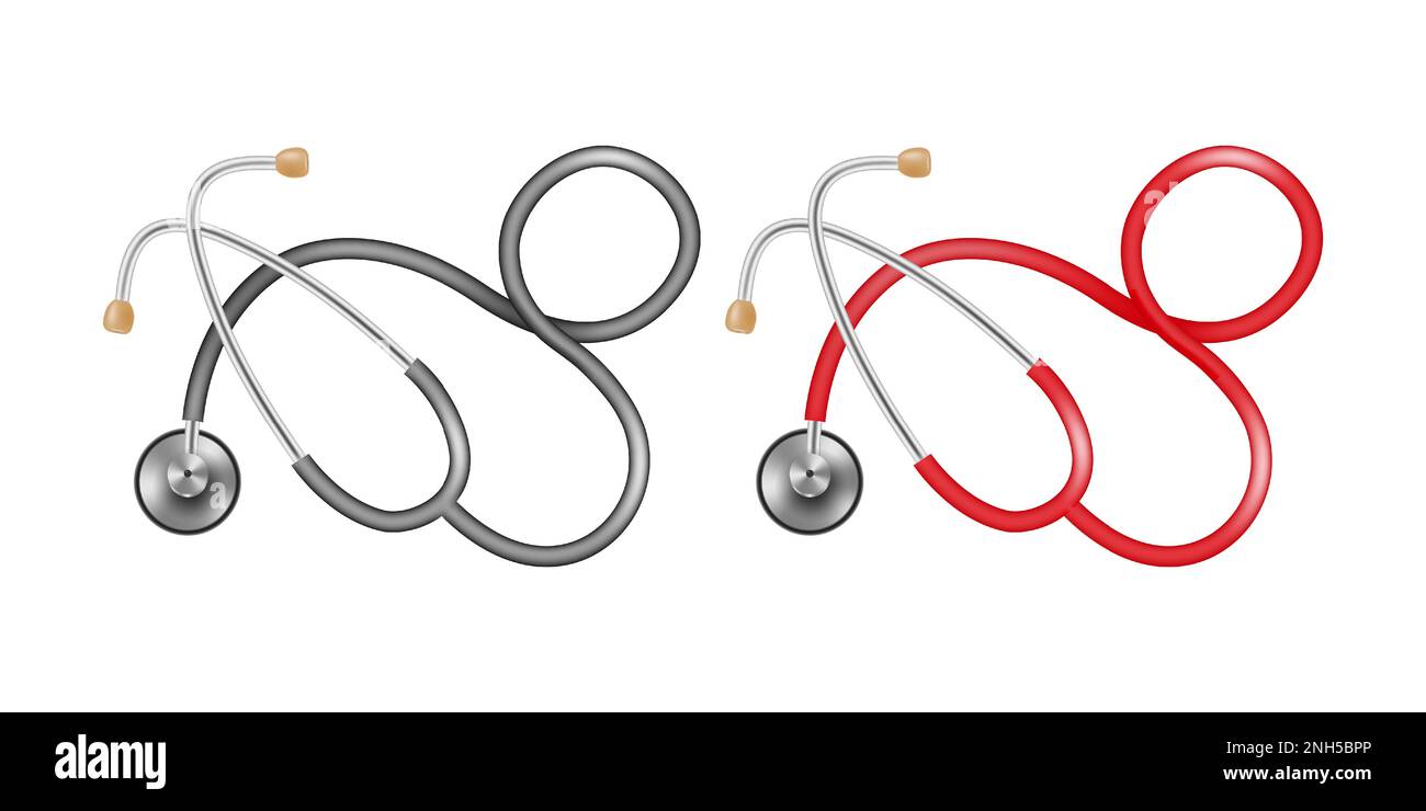 Due stetoscopi con tubi neri e rossi su sfondo bianco. Dispositivo medico per l'ascolto del cuore, la respirazione, il polso, la misurazione della pressione. Ve Illustrazione Vettoriale