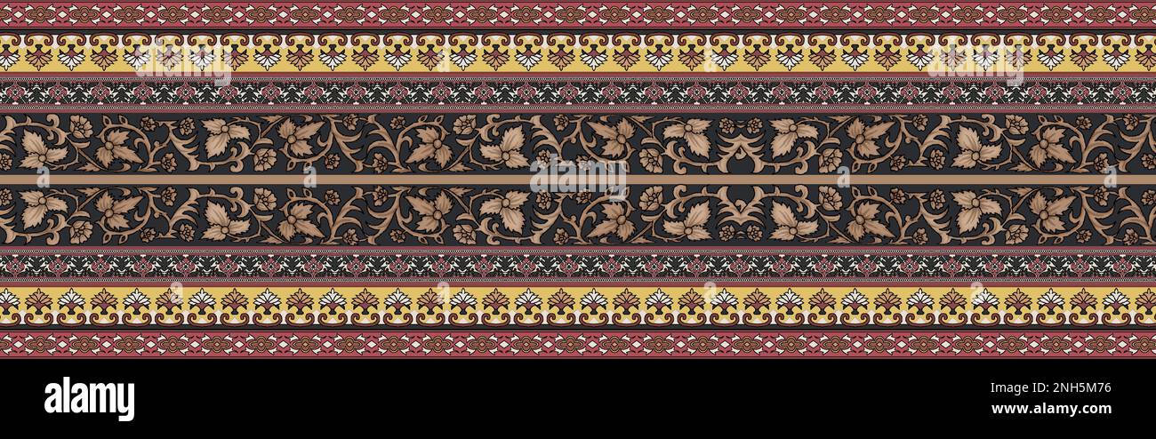 Ricamo scollo etnico Mughal arte fiori bordi e mazzo di disegni tessili disegno disegno d'arte motivo con acquerello, tendenza, Foto Stock