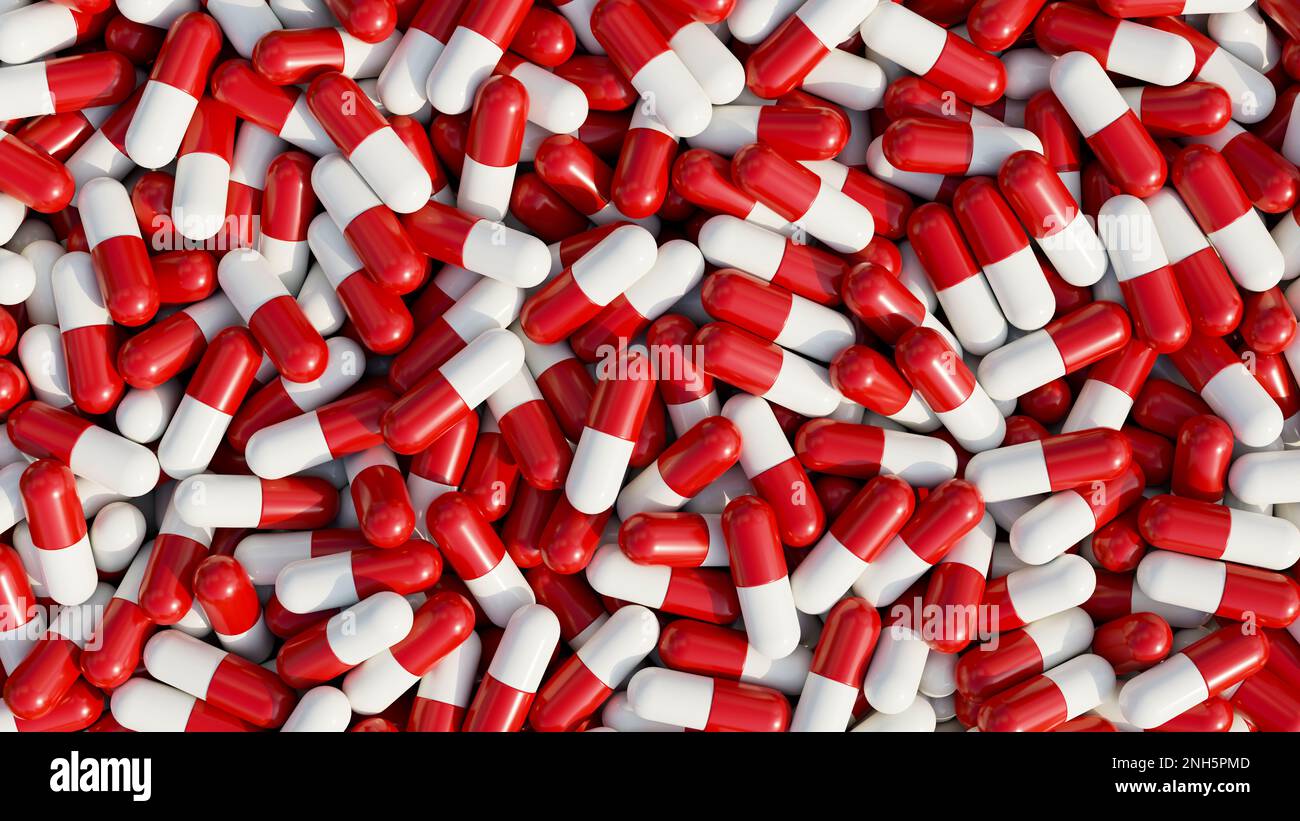 Mucchio di pillole di fondo, capsule di pillola in bianco e rosso. concetto di cura medica e sanitaria. rappresentazione 3d, illustrazione 3d Foto Stock